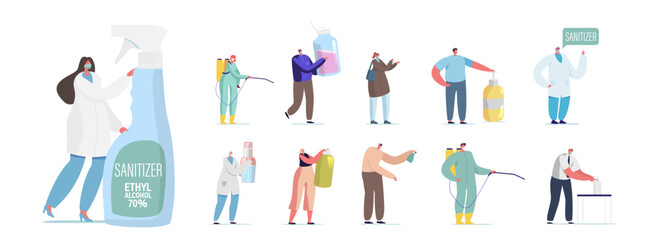 Set of People with Sanitizers. Tiny Male and Female Characters with Huge Antibacterial Liquid Bottles, Disinfectant Soap