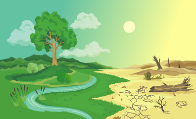 Climate change desertification illustration. Global environmental problems. Land degradation infographic. Soil erosion, desertification. Global warming concept - obrazy, fototapety, plakaty