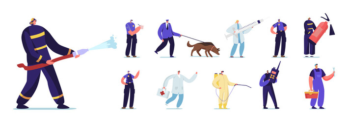 Set of People Emergency Workers. Male and Female Characters Police Officer with Dog , Fire Fighter, Doctor and Plumber