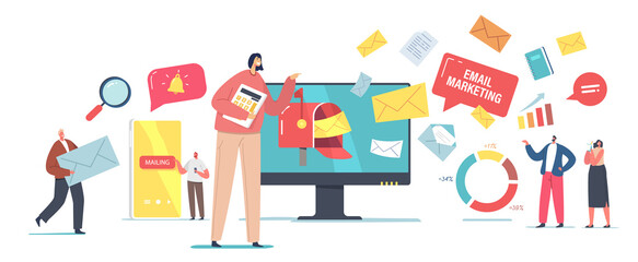 Email Digital Marketing, Online Communication Concept. Tiny Business Characters at Huge Computer Sending Messages