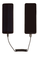 Isolated on white background two smartphones connected by a wire for recharging one from another