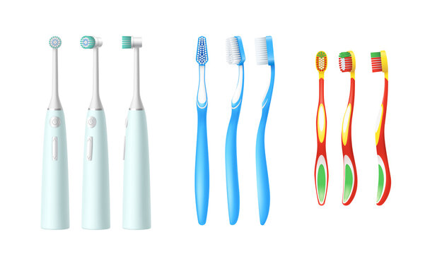 Set of different toothbrush on white background: plastic, electrical automatic and kids tooth brush