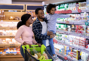 Family shopping concept. African American parents with lovely daughter buying food at supermarket