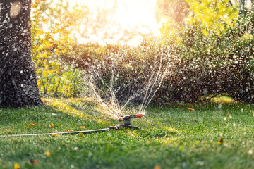 Landscape automatic garden watering system with different rotating sprinklers installed on turf....