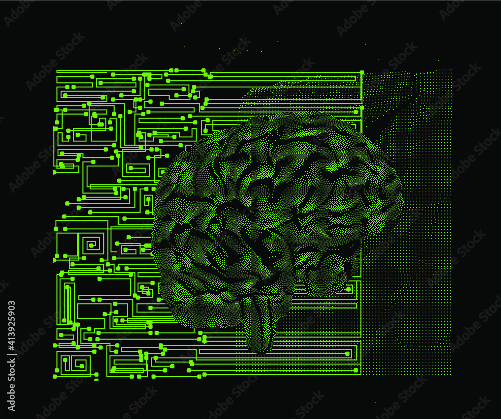 Aufkleber surreal futuristic composition with printed circuit board and brain on the dark background. sci-fi v