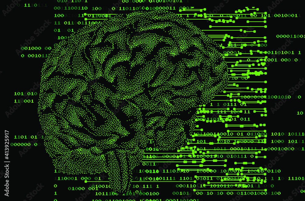 Poster Surreal futuristic composition with printed circuit board and brain on the dark background. Sci-fi vector illustration made in pixel art style.