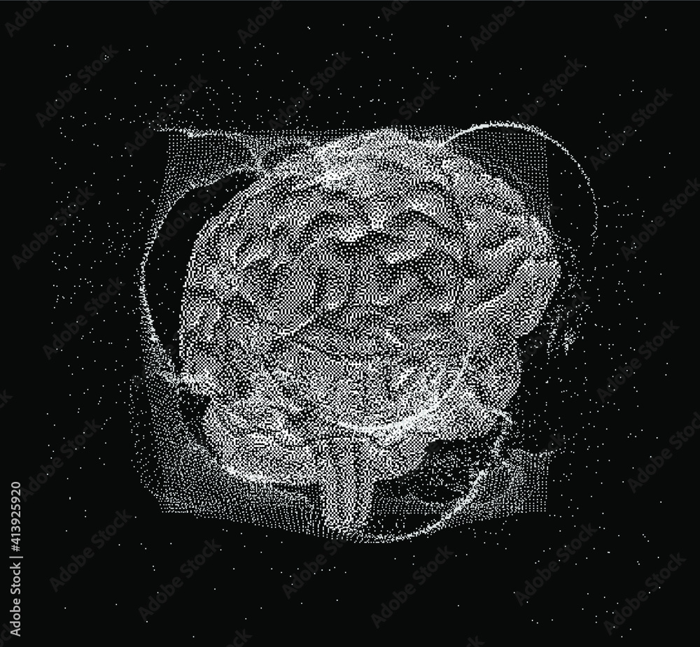 Poster 3D vector illustration of brain made of pixels and particles. Concept of neural network, neurology and neuroscience.