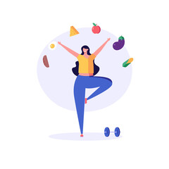 Fototapeta na wymiar Diet plan illustration. Woman exercising and planning diet with fruit and vegetable. Concept of dietary eating, meal planning, nutrition consultation, healthy food. Vector illustration for web design