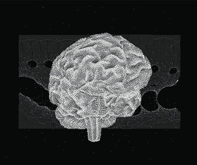 3D vector illustration of brain made of pixels and particles. Concept of neural network, neurology and neuroscience.