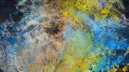 Bright abstract art work with orange, blue, white, and yellow splashes