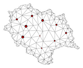 Polygonal mesh lockdown map of Himachal Pradesh State. Abstract mesh lines and locks form map of Himachal Pradesh State. Vector wire frame 2D polygonal line network in black color with red locks.