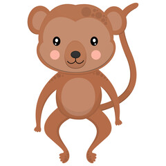 A cute toy spider monkey of light brown color with ruddy pink cheeks on a white background. An adored African animal. For sticker, nursery decor, printing on clothes. Vector.