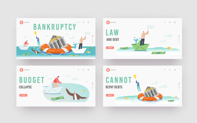 Bankruptcy Landing Page Template Set. Businesspeople Characters Swim around Sinking Bank Building on Lifebuoy, Survive