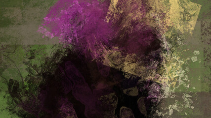 Abstract art work with green, purple, yellow splashes