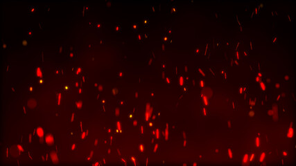 Naklejka na ściany i meble Fire sparks background. Fire flying sparks. Burning red sparks. Abstract dark glitter fire particles lights. 3D rendering.