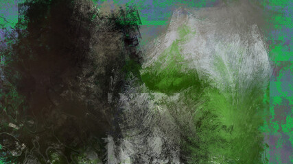 Abstract art work with black, gree, and grey splashes