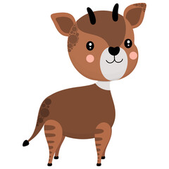 Obraz na płótnie Canvas Cute cartoon okapi smiling character with rosy cheeks. Isolated children's illustration of an African artiodactyl jungle animal on a white background. Vector.