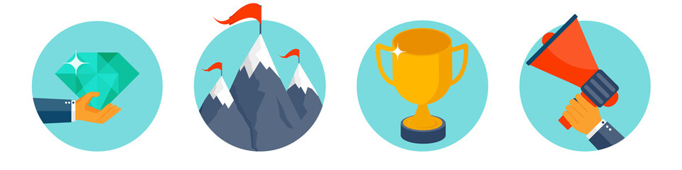Flat style business concept background. Success and goals achievement. Smart solutions. Rocky mountain peak. Golden trophy. Vector illustration.