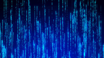 Digital background blue matrix. Matrix style program. Stream of Decimal Digits. Computer code.