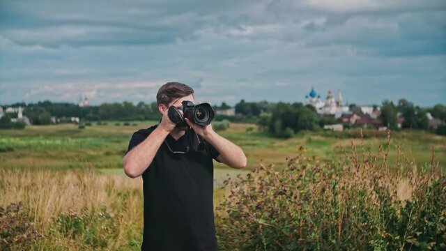 Travel Photographer photographs landmarks, photographer takes pictures of the monastery church.