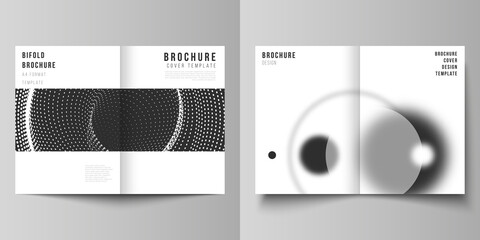 Vector layout of two A4 format modern cover mockups design templates for bifold brochure, magazine, flyer. Geometric background, futuristic science and technology concept for minimalistic design.