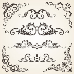 set of Swirl Elements and Corners for design. Calligraphic page decoration, Labels, banners, baroque Frames floral ornaments. Old paper