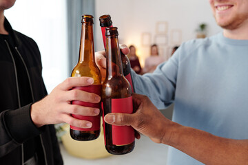 Hands of young intercultural men in casualwear clinking with bottles of beer