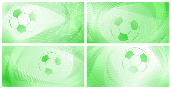 Set of four football or soccer backgrounds with big ball in light green colors
