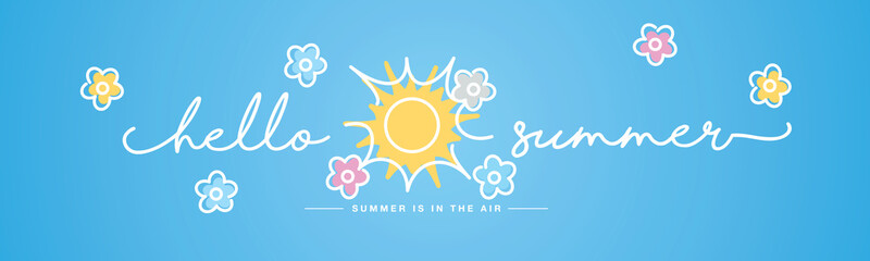 Hello Summer handwritten typography lettering text summer is in the air line design colorful flowers draw blue background banner © simbos