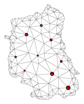 Polygonal mesh lockdown map of Lublin Province. Abstract mesh lines and locks form map of Lublin Province. Vector wire frame 2D polygonal line network in black color with red locks.
