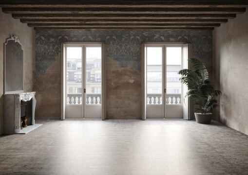 Ambiente storico, stanza vuota, muro vecchio, affreschi, vaso con pianta, rendering 3d