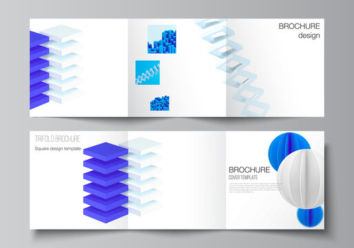Vector layout of square covers design templates for trifold brochure, flyer, magazine, cover design, book design. 3d render vector composition with dynamic realistic geometric blue shapes in motion.