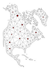 Polygonal mesh lockdown map of North America. Abstract mesh lines and locks form map of North America. Vector wire frame 2D polygonal line network in black color with red locks.
