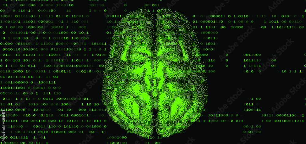 Poster Human brain on the dark background with binary code. 3D illustration of the cerebrum made in refrofuturistic cyberpunk pixel art style.