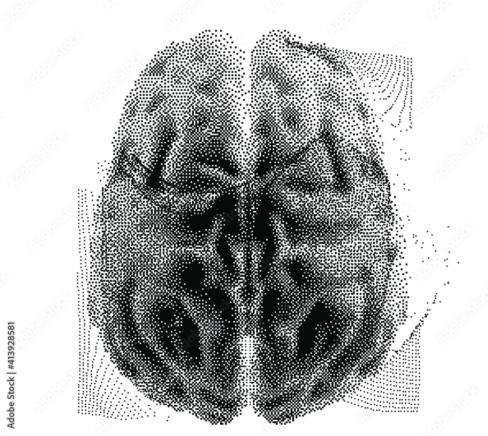 Poster 3D vector illustration of brain made of pixels and particles. Concept of neural network, neurology and neuroscience.