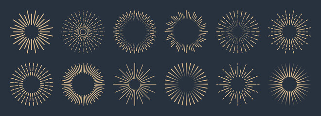 Vintage sunburst collection. Bursting golden sun rays. Fireworks. Logotype or lettering design element. Radial sunset beams. Vector illustration.