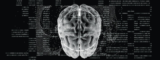 Human brain on the dark background with binary code. 3D illustration of the cerebrum made in refrofuturistic cyberpunk pixel art style.