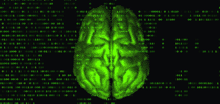 Human brain on the dark background with binary code. 3D illustration of the cerebrum made in refrofuturistic cyberpunk pixel art style.