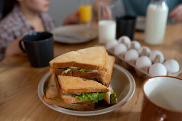 Plate with several appetizing homemade sandwiches with chicken and lettuce