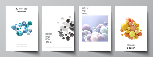 Vector layout of A4 cover mockups templates for brochure, flyer layout, booklet, cover design, book design, brochure cover. Realistic vector background with multicolored 3d spheres, bubbles, balls.