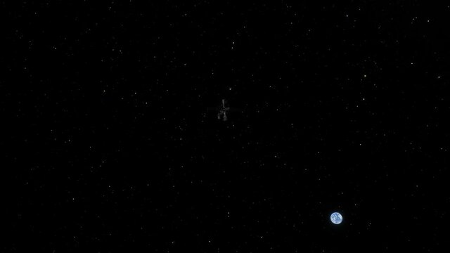 A distant space station, orbiting far above a tiny planet Earth, with stars visible in the background