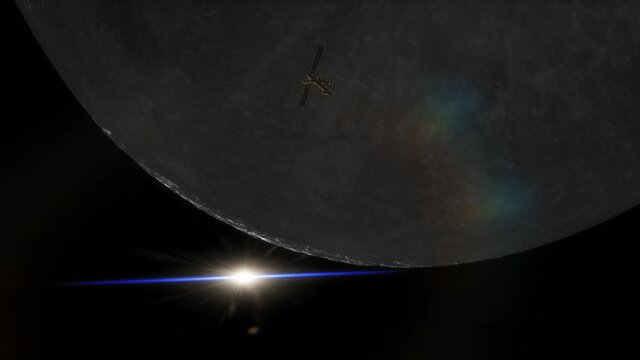 A space station seen orbiting around the Moon, with science fiction anamorphic lens flares