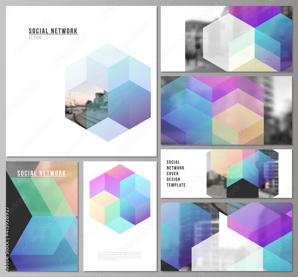 Poster vector layouts of modern social network mockups in popular formats with colorful hexagons, geometric