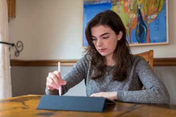 Pretty seventeen year-old caucasian girl working on a tablet