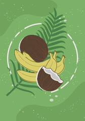 Contemporary art poster in pastel colors with banana and coconut. Design for social media, postcards, print, wall decoration, background template, brochure cover. Tropical. Organic. Fruits. Exotic.