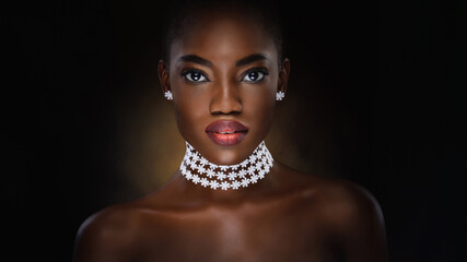 Vogue style close-up portrait of beautiful black woman - panorama