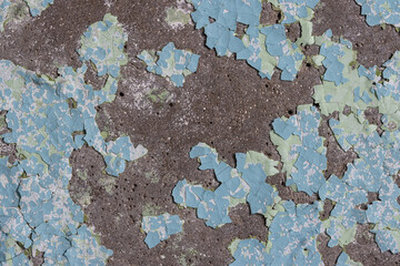 Blue peeling paint on the wall. Old concrete wall with cracked flaking paint. Weathered rough painted surface with patterns of cracks and peeling. High resolution texture for background and design.