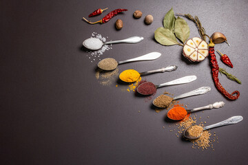 Assorted spices in spoons, herbs and vegetables on black stone background