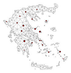 Polygonal mesh lockdown map of Greece. Abstract mesh lines and locks form map of Greece. Vector wire frame 2D polygonal line network in black color with red locks. Frame model for lockdown posters.