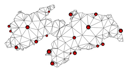 Polygonal mesh lockdown map of Paraiba State. Abstract mesh lines and locks form map of Paraiba State. Vector wire frame 2D polygonal line network in black color with red locks. © Tensor Designs